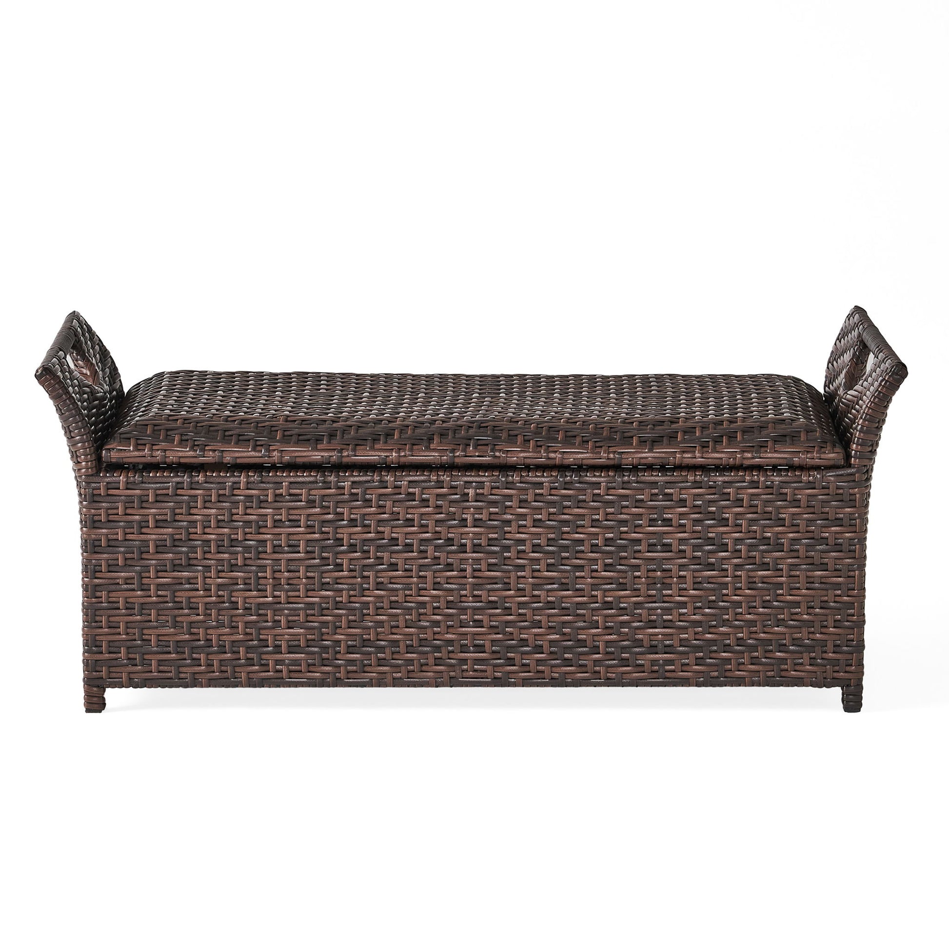 Outdoor Rattan Bench With Flair Arm And Storage - Brown Noble House