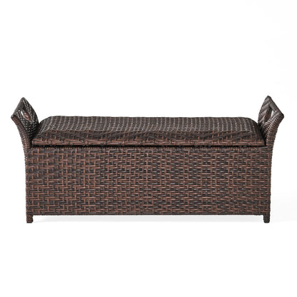 Outdoor Rattan Bench With Flair Arm And Storage - Brown Noble House