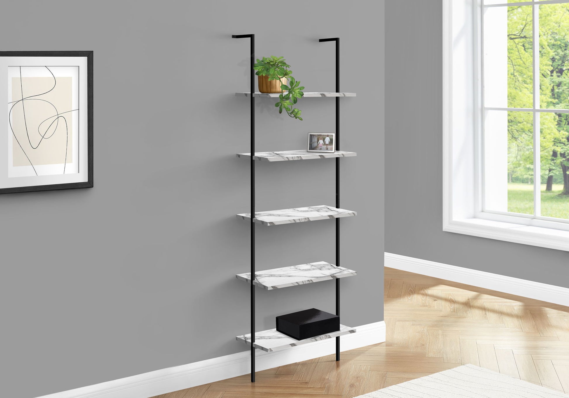 Bookshelf, Bookcase, Etagere, Ladder, 5 Tier, For Office, Marble Look Contemporary & Modern 8th Street