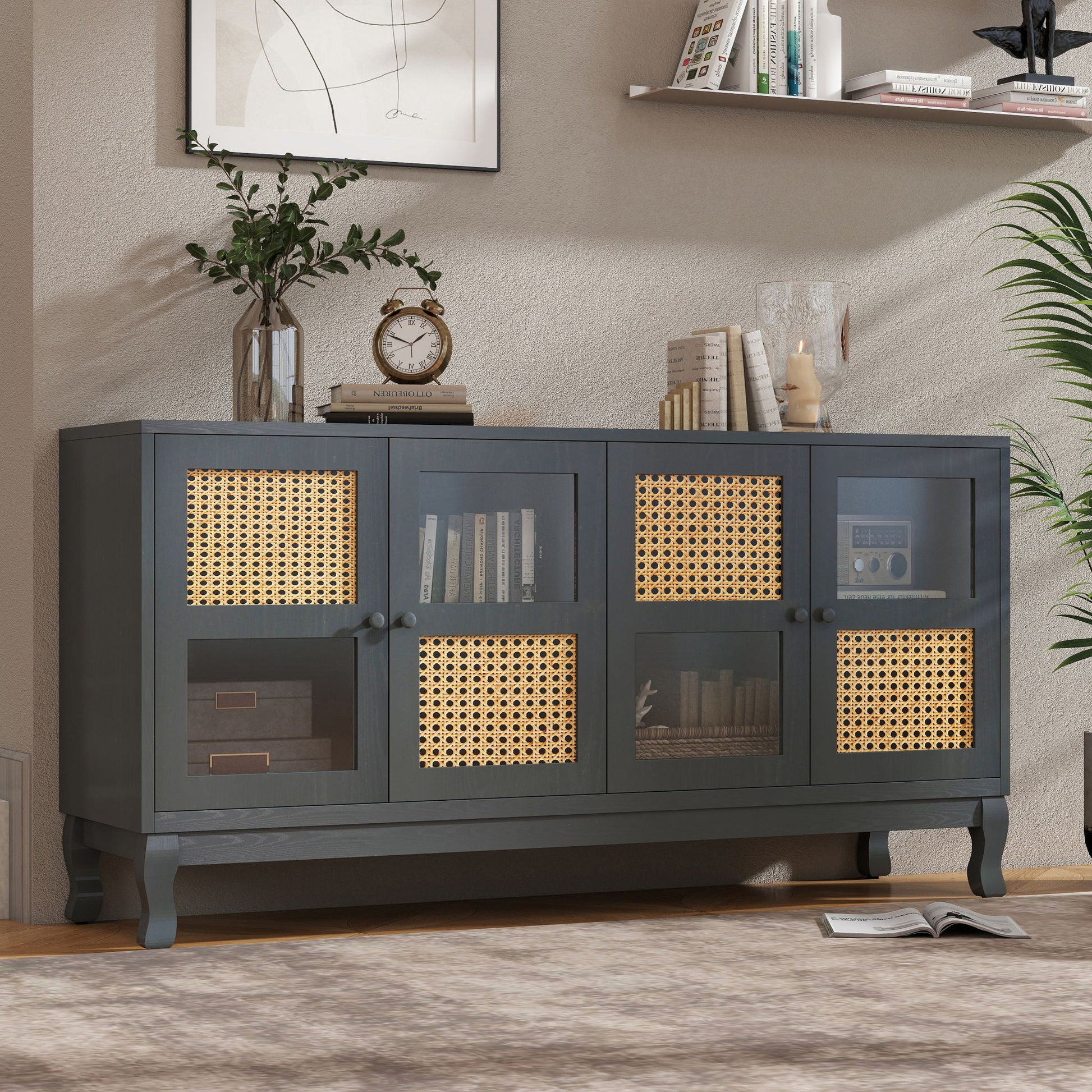 Retro Industrial 4 Door Sideboard With Large Storage, Rattan And Glass Doors Home Essentials