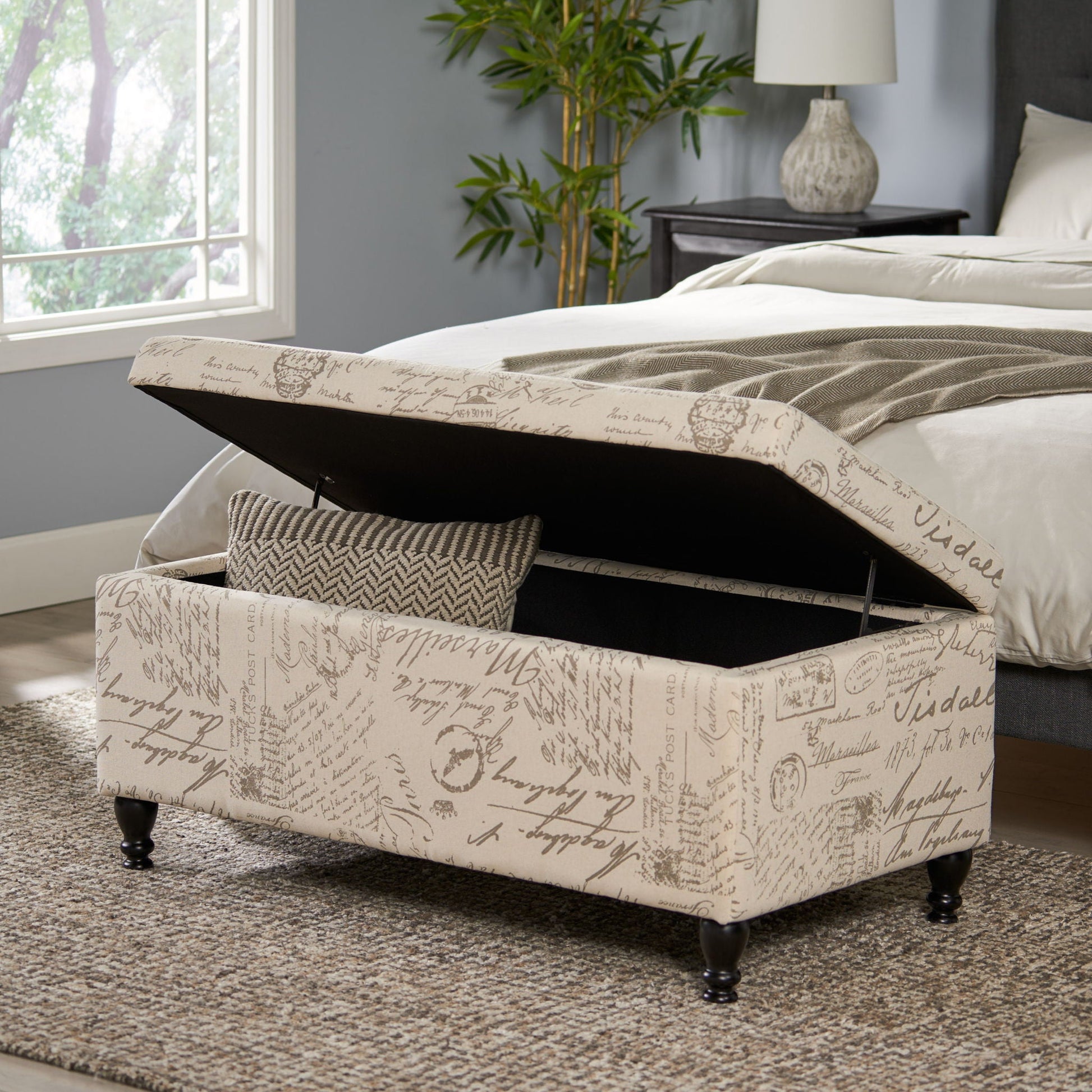Parisian Upholstered Fabric Storage Ottoman - Beige / Reclaimed Natural Noble House