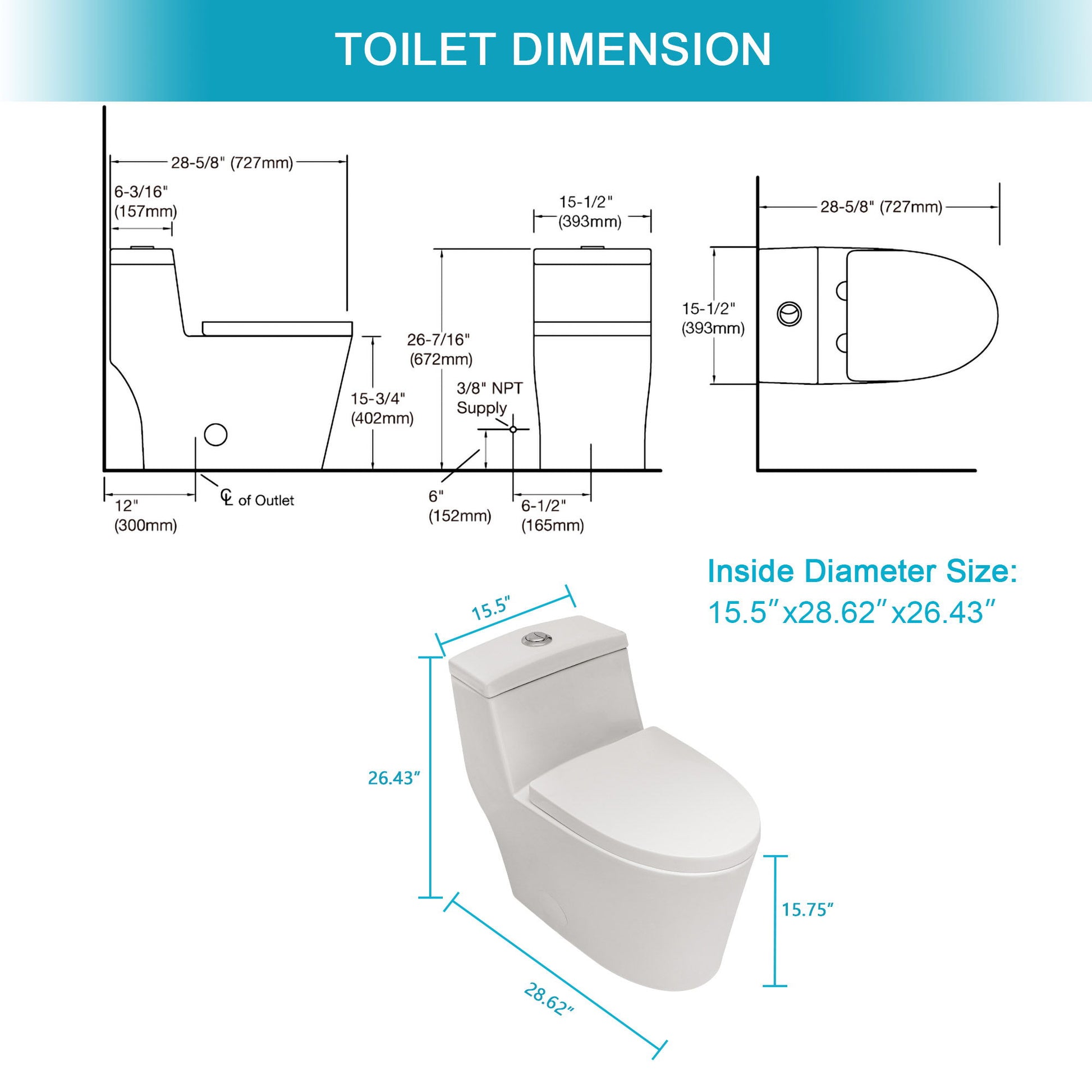 1 Piece Toilet, Dual Flush, Soft Closing Seat - White Daily Nest