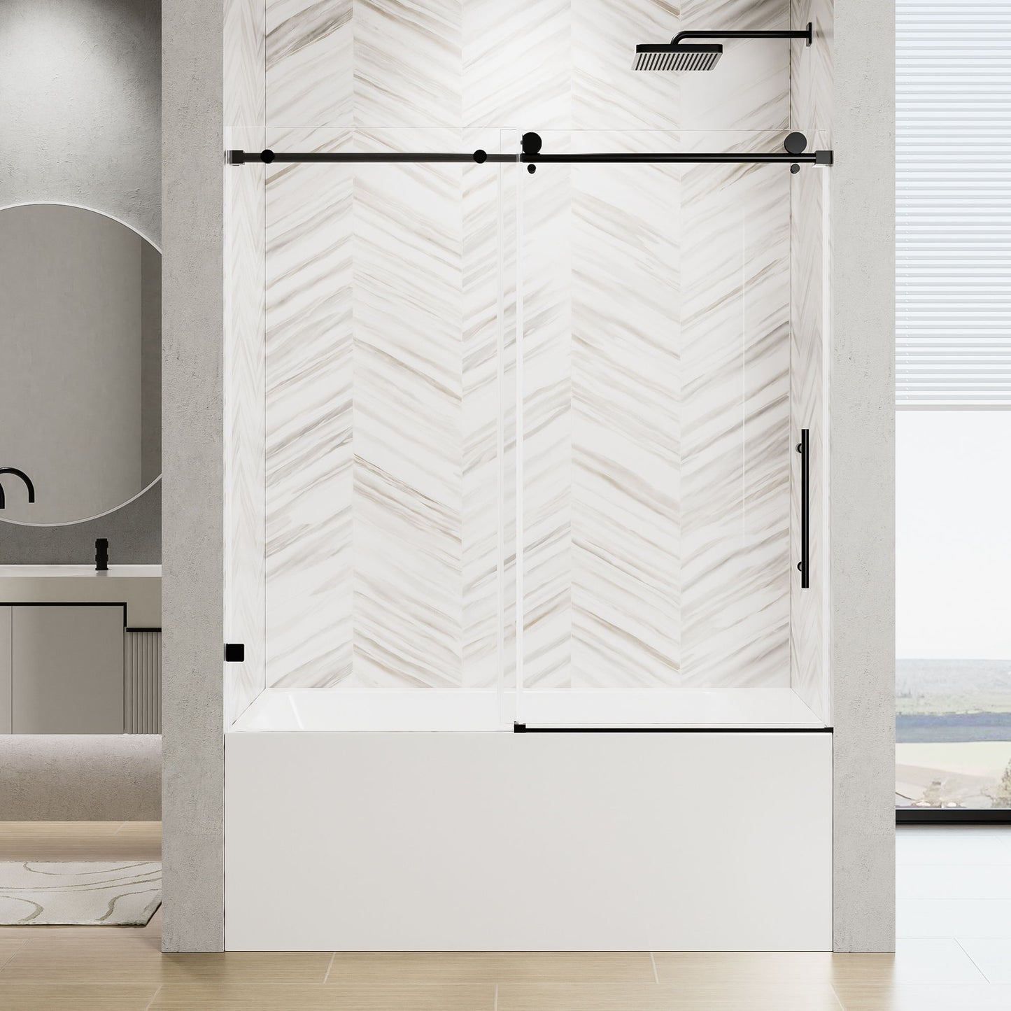 Frameless Single Sliding Shower Door With Soft Close, 5 / 16" Clear Nano Coated Tempered Glass, 60" X 60" - Matte Black Daily Nest
