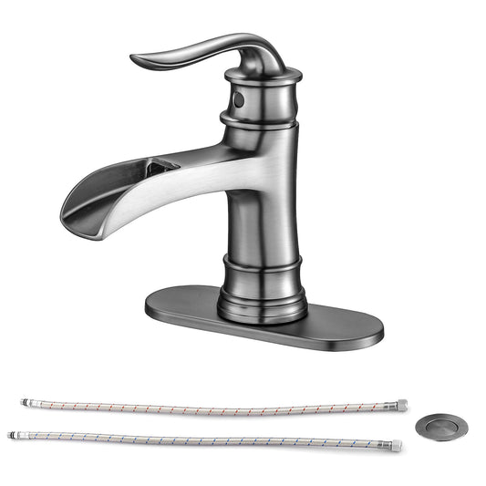 Waterfall Spout Bathroom Faucet With Single Handle And Pop Up Drain - Brushed Nickel Daily Nest