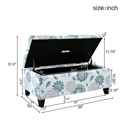 Luxury Storage Ottoman With Floral Patterned Fabric, Soft-Close Hinges, Multi Functional Noble House