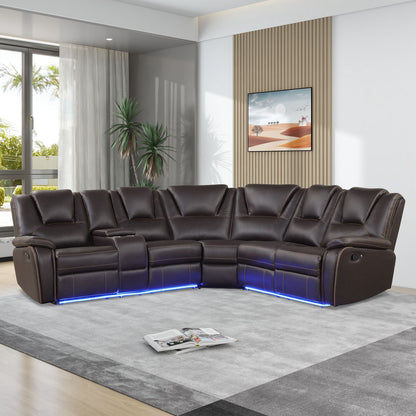 Modern Faux Leather Manual Reclining With Center Console And LED Light Strip, Living Room Furniture Set, PU Symmetrical Couch With 2 Cup Holders And Storage For Living Room Hearth and Haven