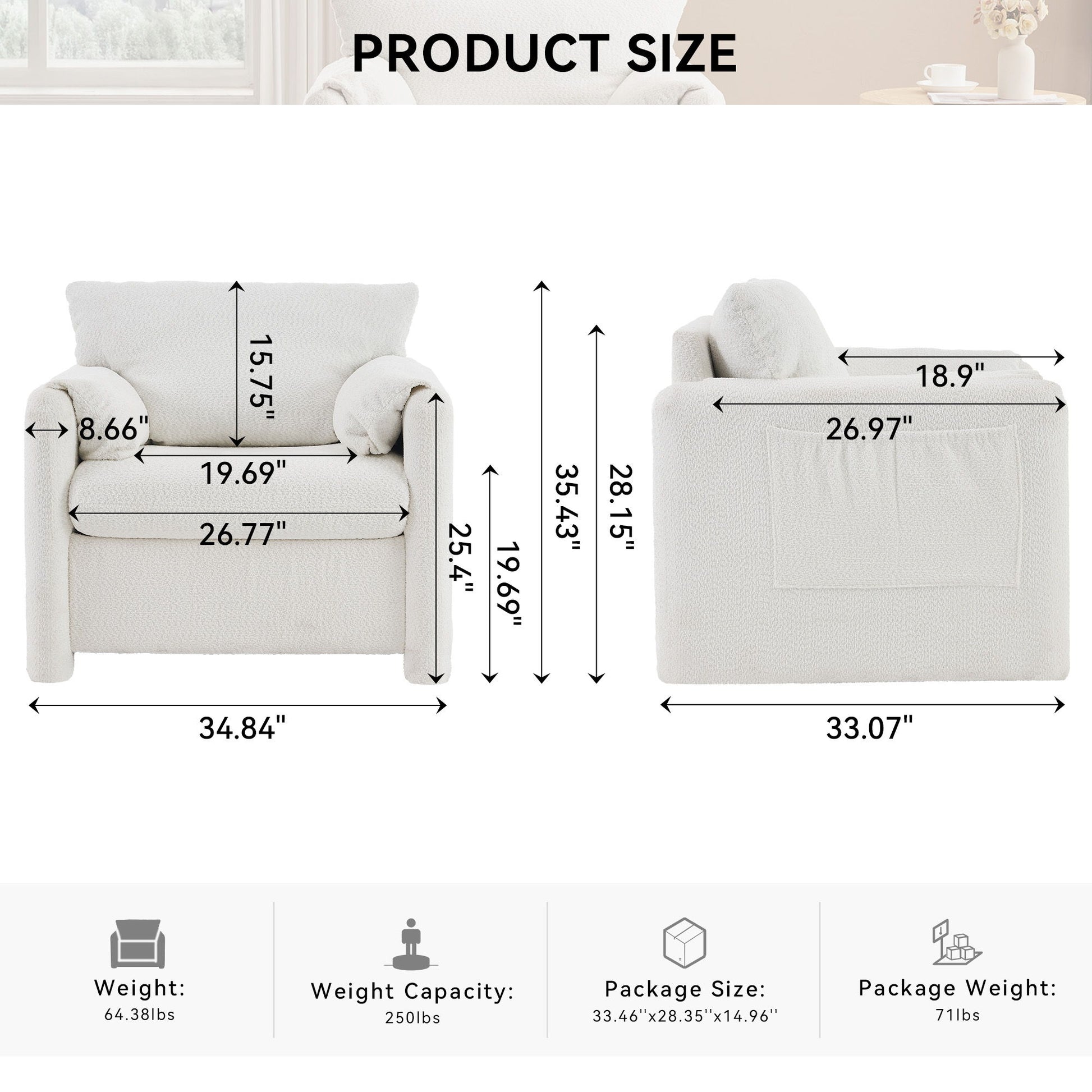 Fixed Modern Accent Chair Single Seater Plush Chenille Lounge Chair With High Resilience Cushion - Ivory White Home Essentials