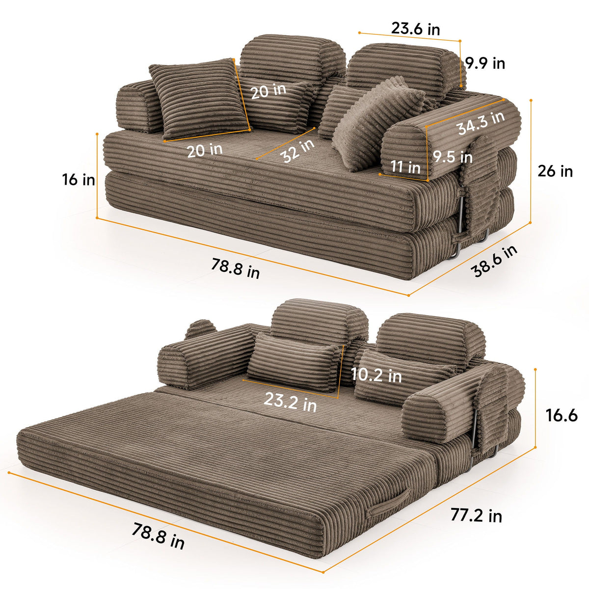 Convertible Sleeper Sofa With & Side Storage Pocket, Foldable Upholstered Couch For Living Room Home Essentials