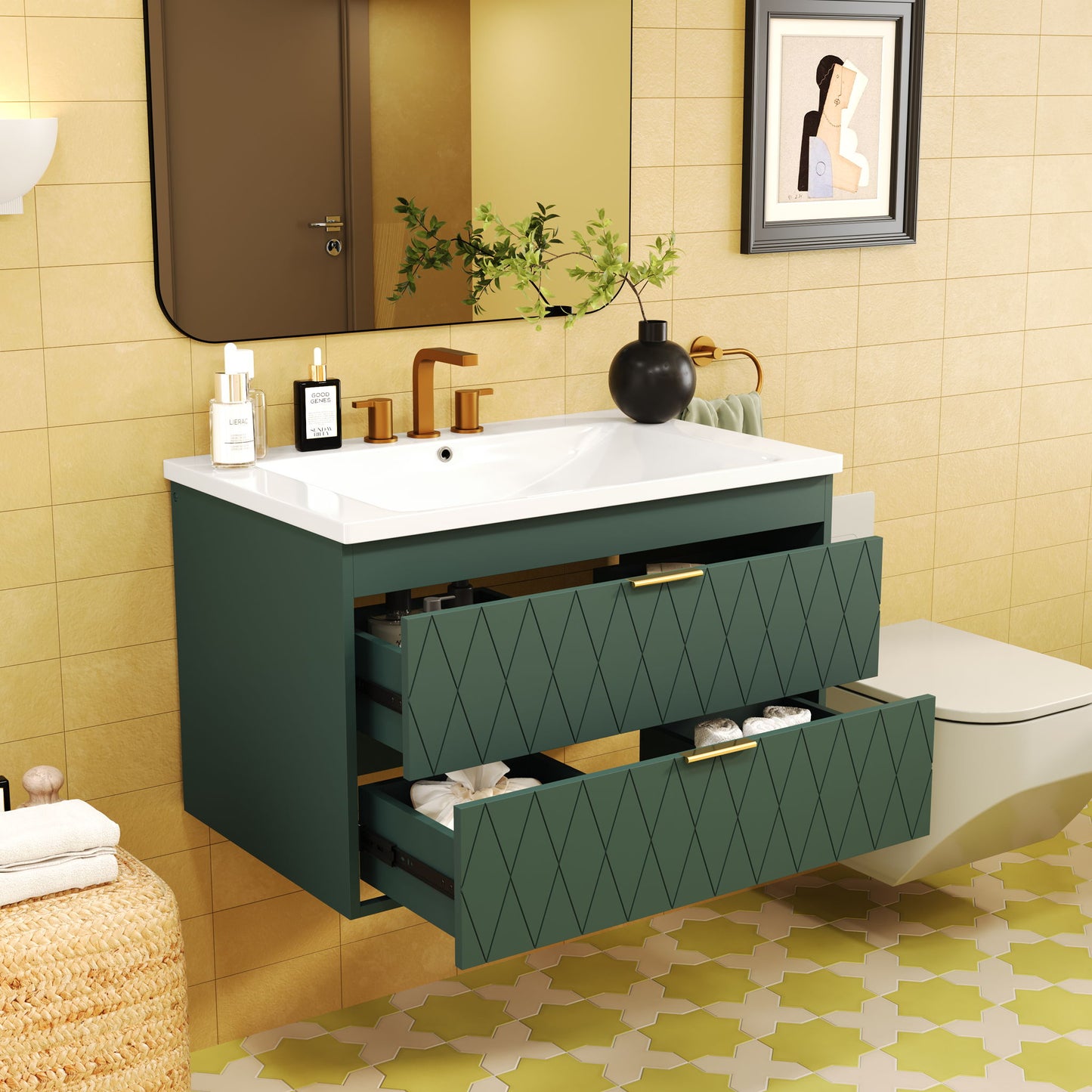 Wall Mounted Bathroom Vanity With Resin Sink, Floating Bathroom Storage Cabinet With 2 Drawers Hearth and Haven