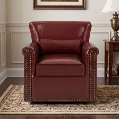 Swivel Accent Chair With Rolled Arm, Sewn Pillow Back, Nailhead Trim For Living Room Noble House