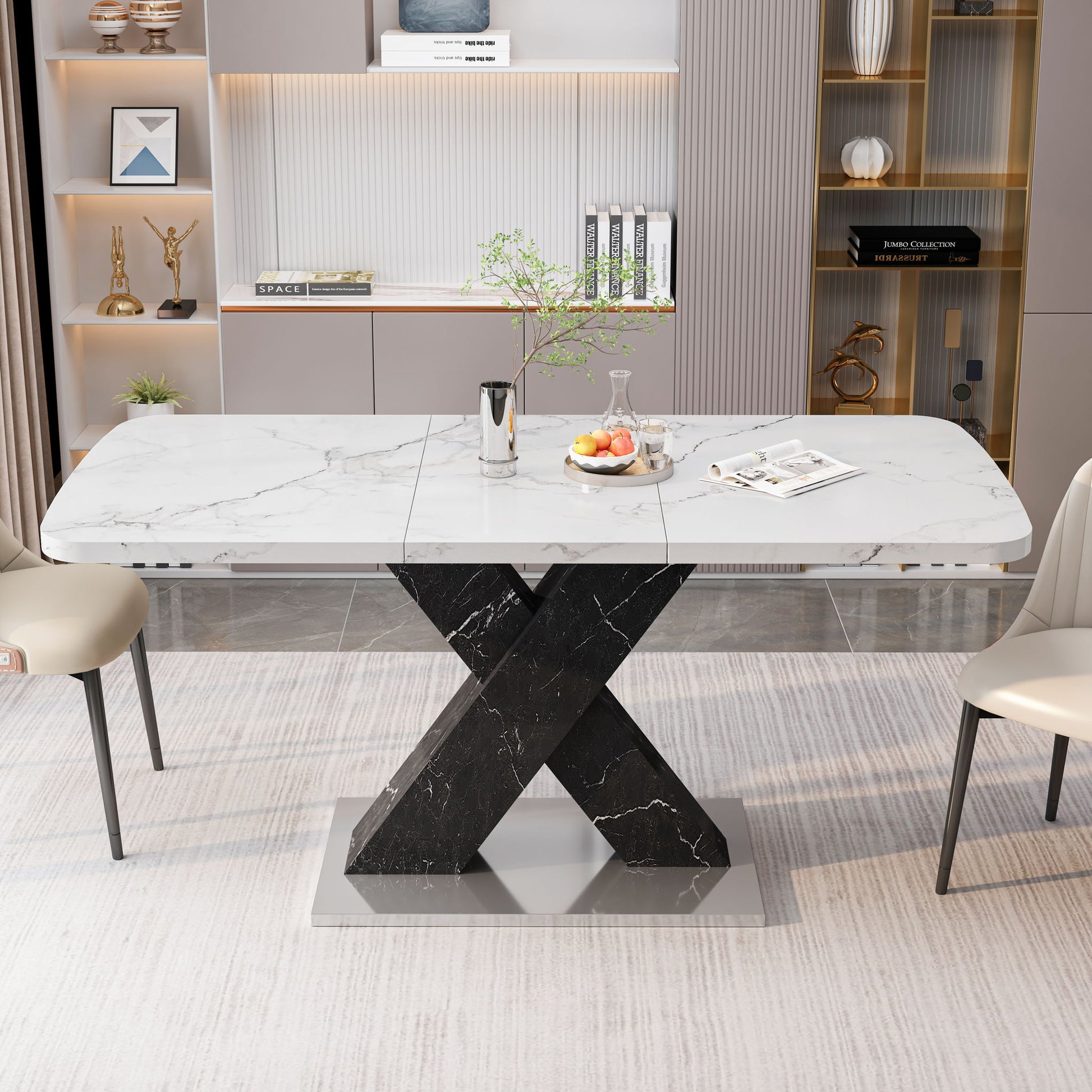 Rectangle Dining Table With Stretchable Top, X Shape Mdf Legs With Steel Base - White / Black Home Essentials