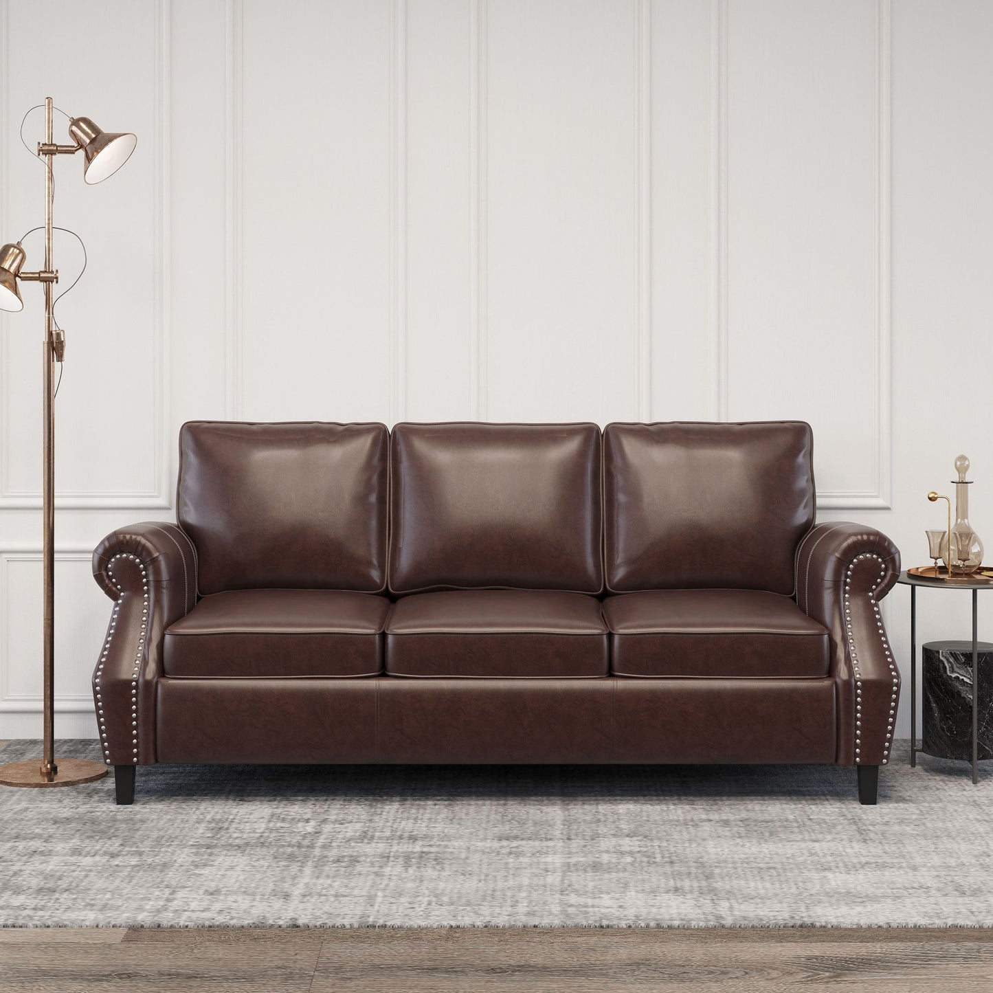 Contemporary 3 Seater Sofa With Nailhead Trim Noble House