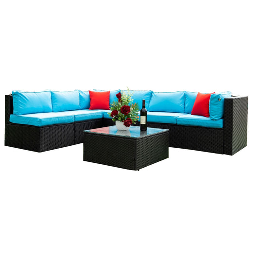 5 Pieces Rattan Sectional Outdoor Furniture Cushioned U Sof Set With 2 Pillow - Black / Blue Home Essentials