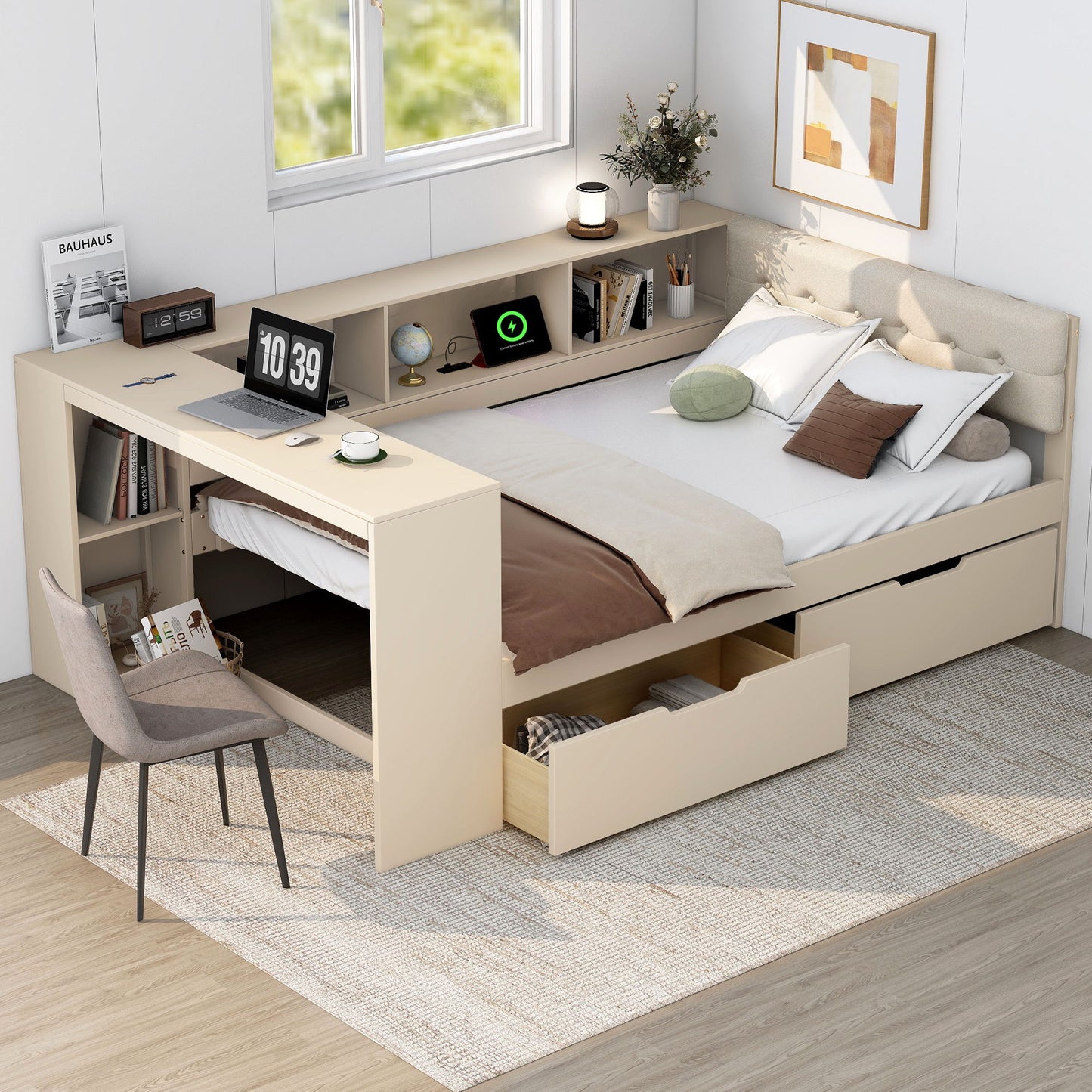 Upholstered Headboard Platform Bed With Storage Shelves, Drawers, Charging Station Hearth and Haven