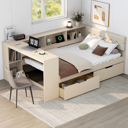 Upholstered Headboard Platform Bed With Storage Shelves, Drawers, Charging Station Hearth and Haven