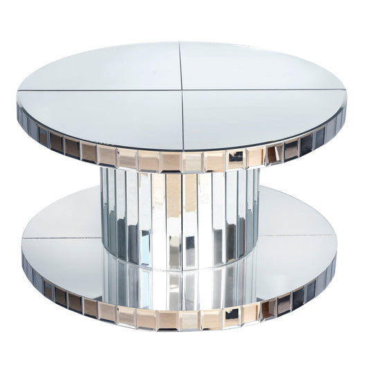 Luxury Double Tier Round Mirror Coffee & End Table With Fluted Glass Modern Sofa Side Table - Silver / Glass Home Essentials