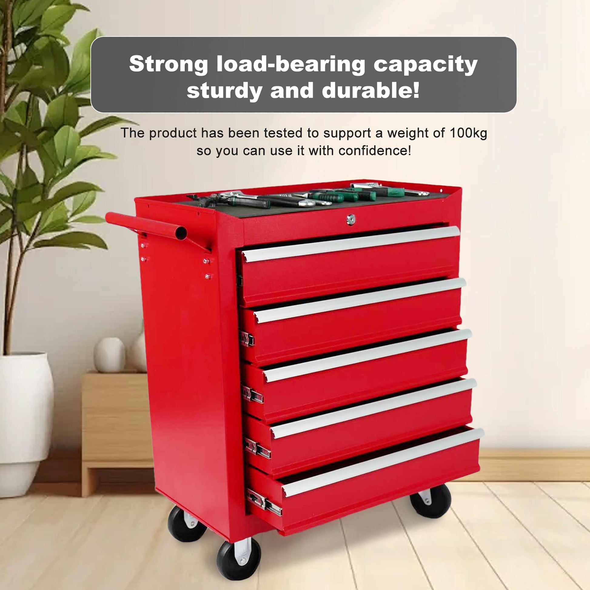 5 Drawer Metal Rolling Tool Chest With Locking System And Wheels - Red Daily Nest