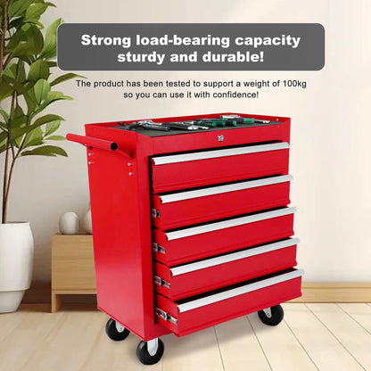 5 Drawer Metal Rolling Tool Chest With Locking System And Wheels - Red Daily Nest