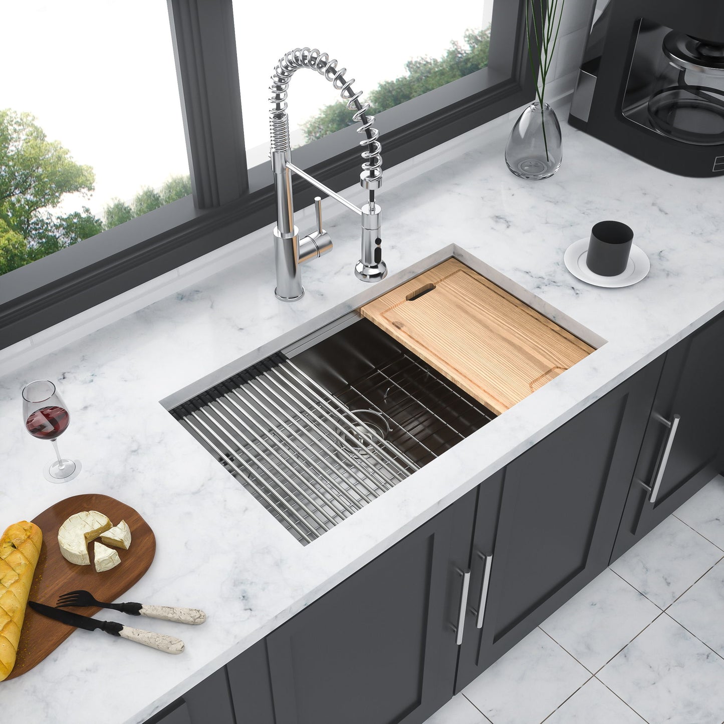 32" Undermount Kitchen Sink Brushed Nickel 16 Gauge Stainless Steel Single Bowl With Ledge Workstation, 32 X 19 X 9 Inch Daily Nest
