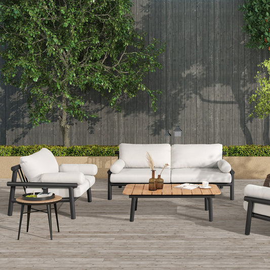 Zara - Dowel Frame Bolster Patio Deep Seating Armchair, Axroma Olefin - Wheat Beige Jennifer Taylor Home