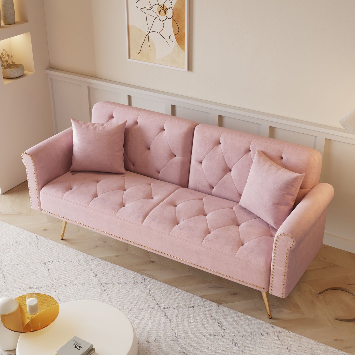 Luxurious Velvet Sofa Bed With Nail Head Trim And Matching Pillow Home Essentials