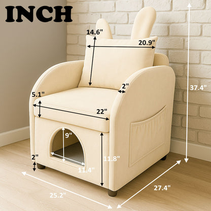 Bunny Ear Pet Friendly Armchair With Hidden Pet House With Storage Pocket For Bedroom & Living Room - Beige Home Essentials