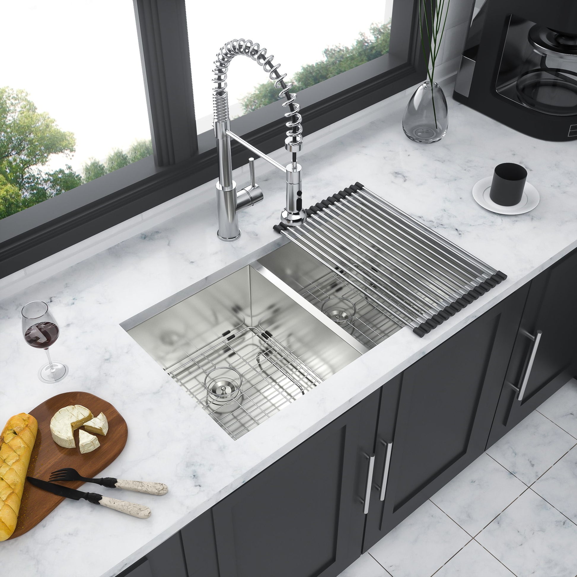 16 Gauge Undermount Double Bowl Kitchen Sink With 9" Deep Bowls - Brushed Nickel Daily Nest