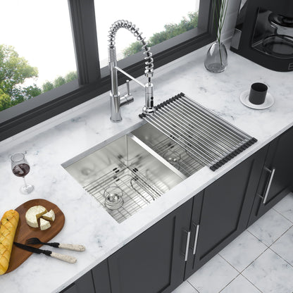 16 Gauge Undermount Double Bowl Kitchen Sink With 9" Deep Bowls - Brushed Nickel Daily Nest