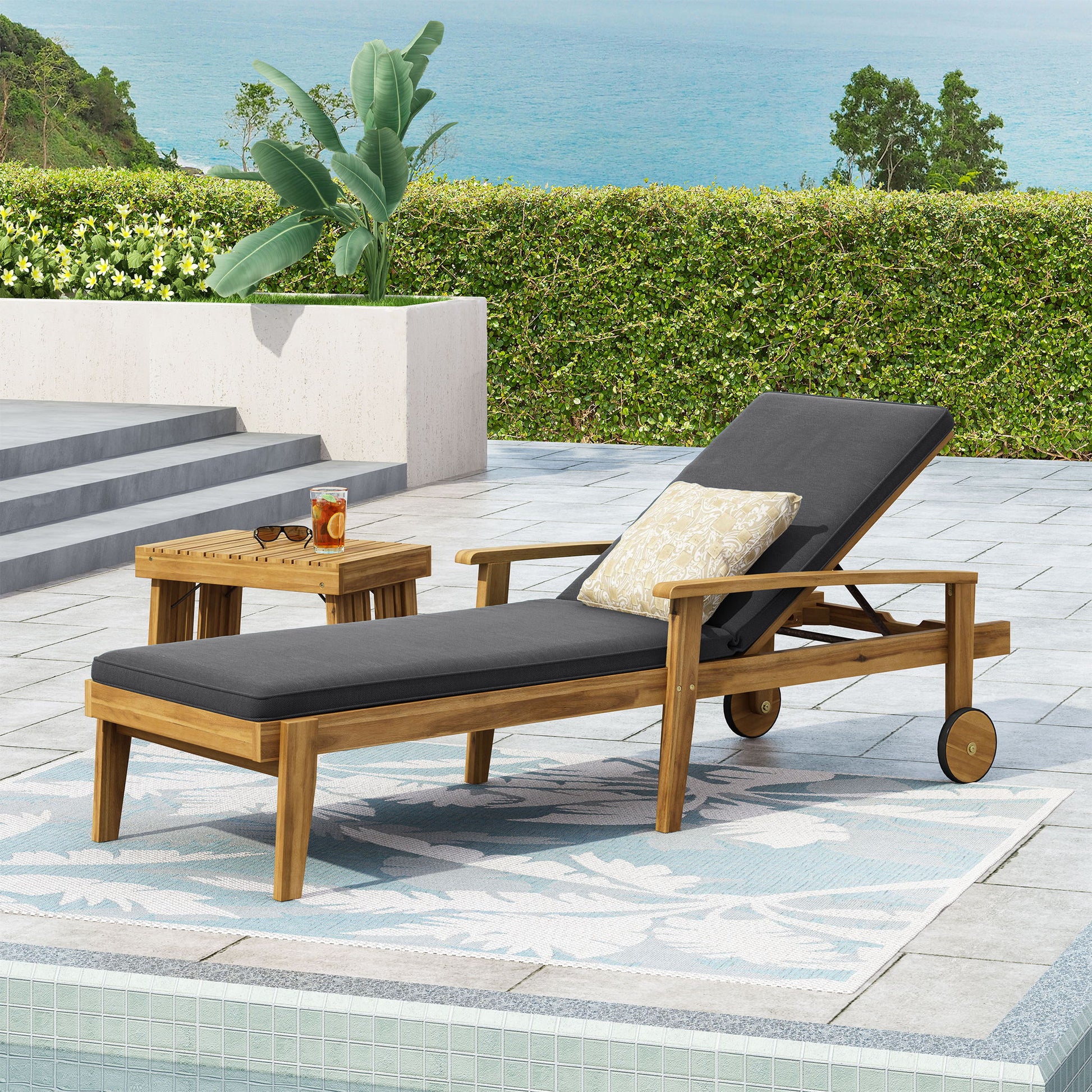 Jason - Black Chaise Lounge Adjustable Acacia Wood Outdoor Furniture Noble House