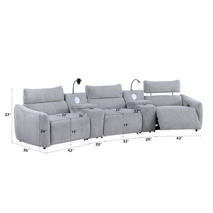 Fullar - Modular Power Motion Sectional Sofa With Console, 2 Wireless Chargers, 4 Cupholders, And 2 Speakers, 1 Phone Holder And 1 Reading Light, Adjustable Headrest - Light Gray Acme