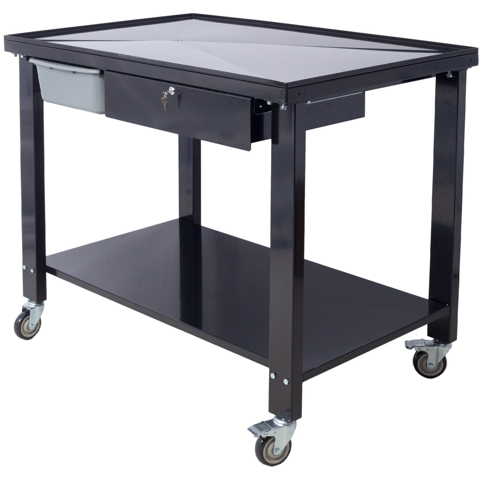Transmission Teardown Work Station 1 / 2 Ton Capacity Sloping Drain Table Locking Drawer Removable Drain Basin Full-Width Lower Shelf Four 4" Caster Wheels Daily Nest