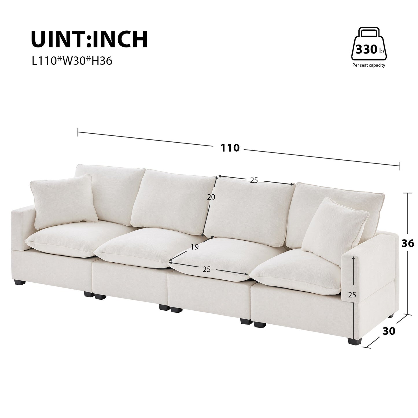 Modern Modular Sofa, 4 Seat Chenille Sectional Couch Set With 2 Pillows Included, Freely Combinable Indoor Funiture For Living Room, Apartment, Office