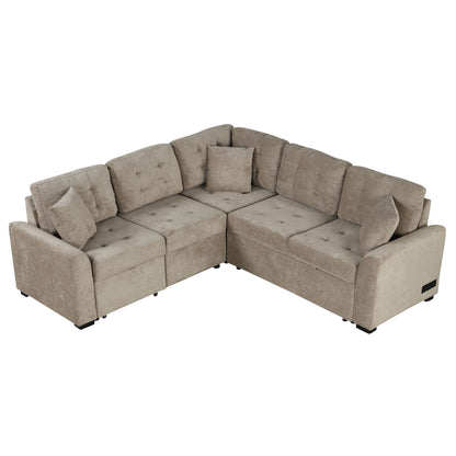 L-Shape Sofa Bed Pull-Out Sleeper Sofa With Wheels, USB Ports, Power Sockets For Living Room Hearth and Haven