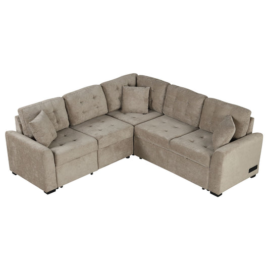 L-Shape Sofa Bed Pull-Out Sleeper Sofa With Wheels, USB Ports, Power Sockets For Living Room Hearth and Haven
