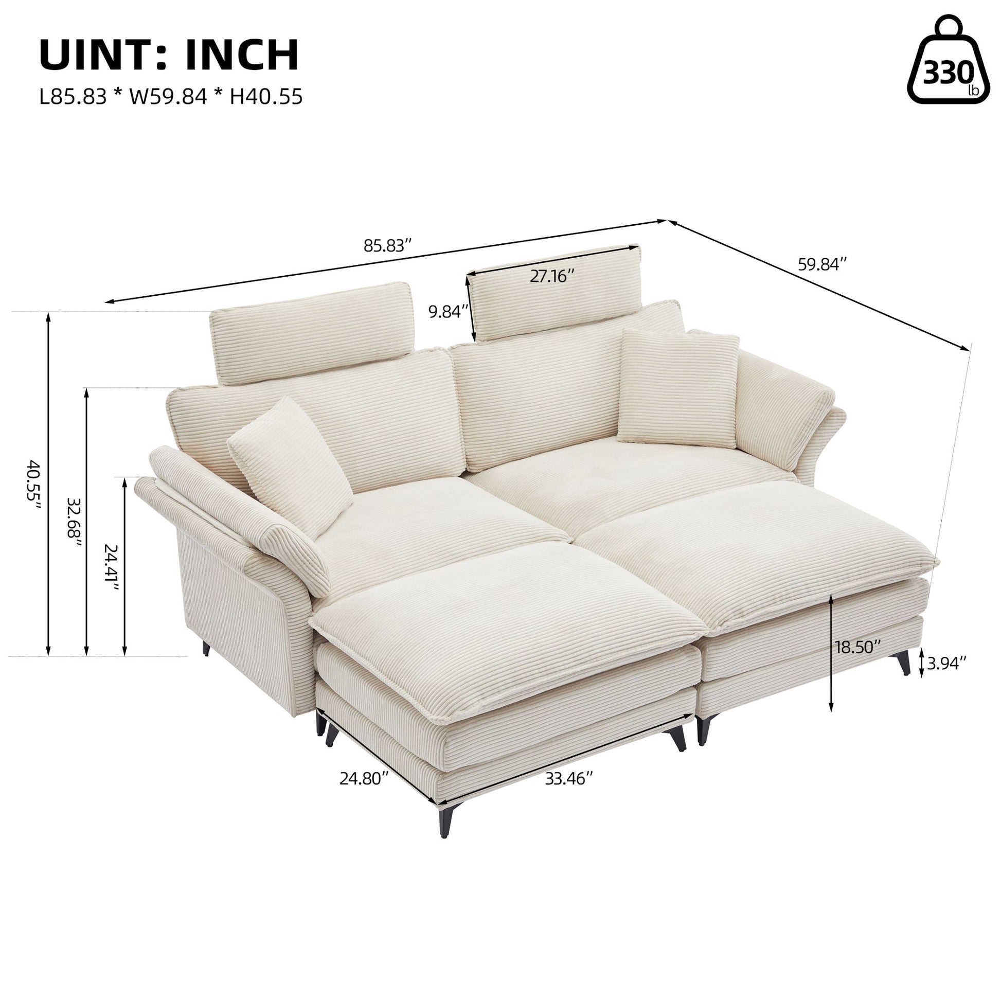 Modern Corduroy Deep Seat Sectional Sofa With Ottoman Home Essentials