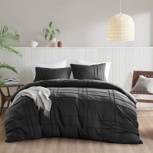 Porter - King Soft Washed Pleated Duvet Cover Set - Black Super Listing