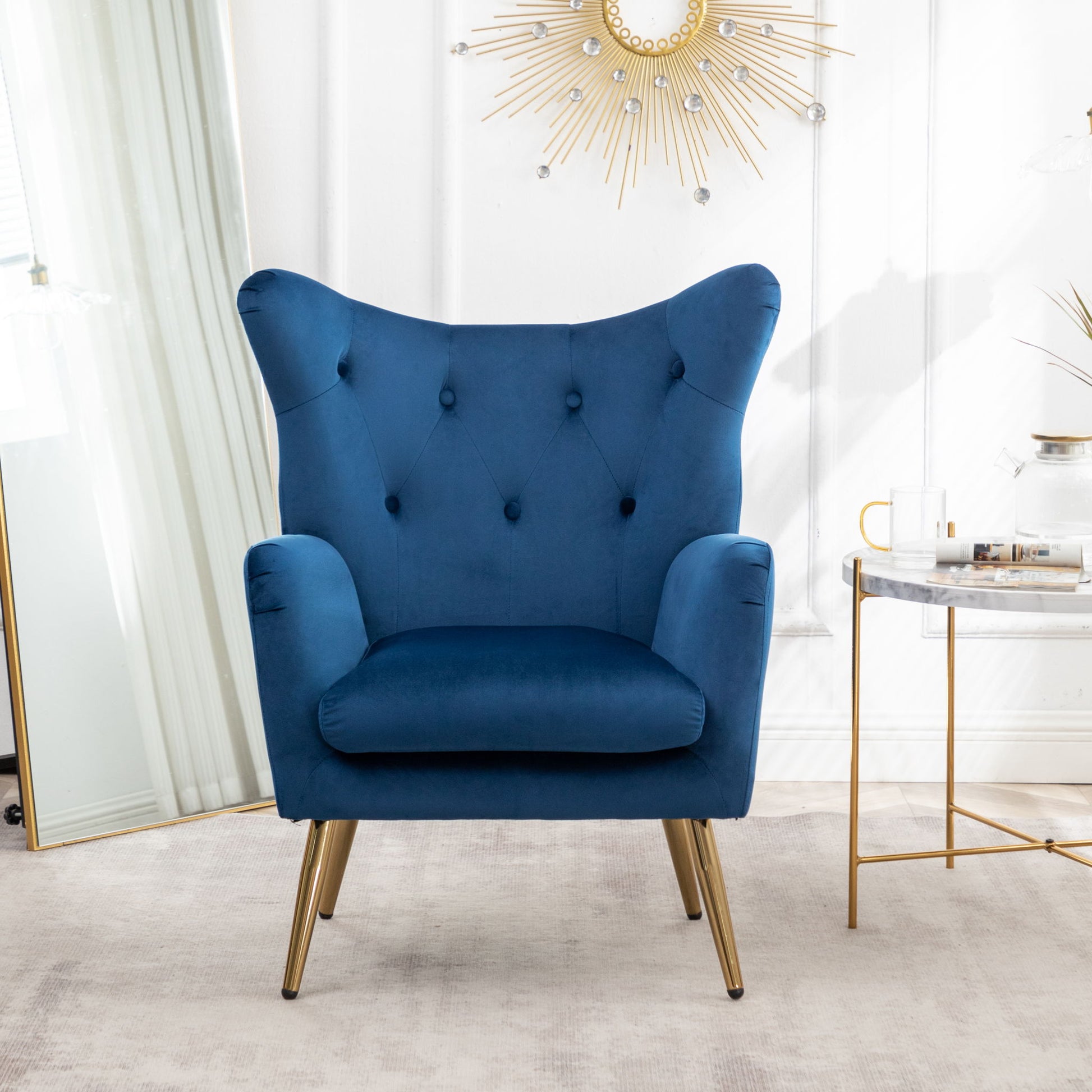 Sovarol - Velvet Button-Tufted Wing Back Accent Chair - Blue Home Essentials