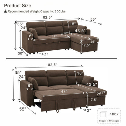 Convertible L - Shaped Sectional Sofa Bed With Storage Chaise, Cup Holders Home Essentials