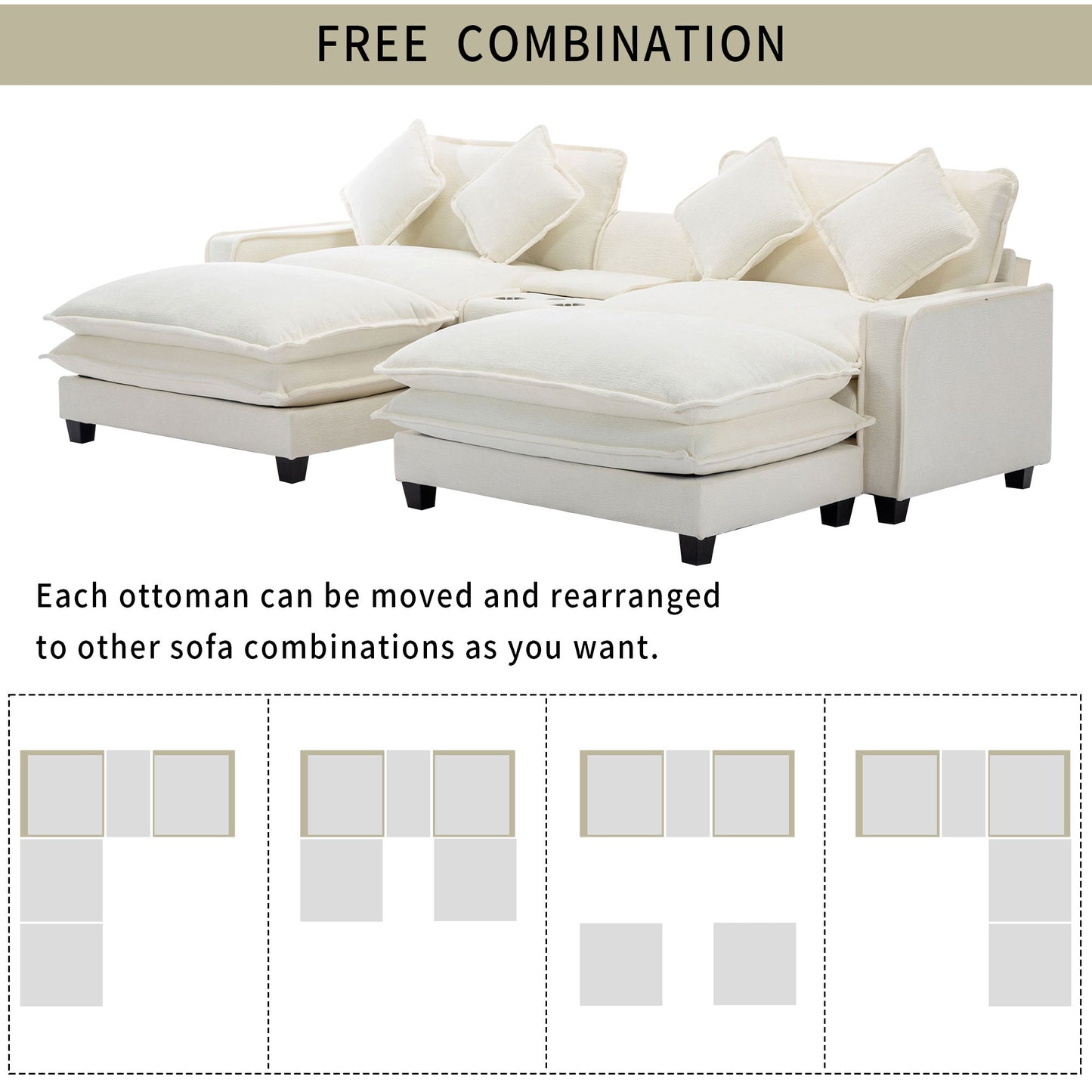 Sectional Sofa Chenille Upholstered Sofa With Two Removable Ottoman, Two USB Ports, Two Cup Holders And Large Storage Box For Living Room Hearth and Haven