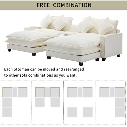 Sectional Sofa Chenille Upholstered Sofa With Two Removable Ottoman, Two USB Ports, Two Cup Holders And Large Storage Box For Living Room Hearth and Haven