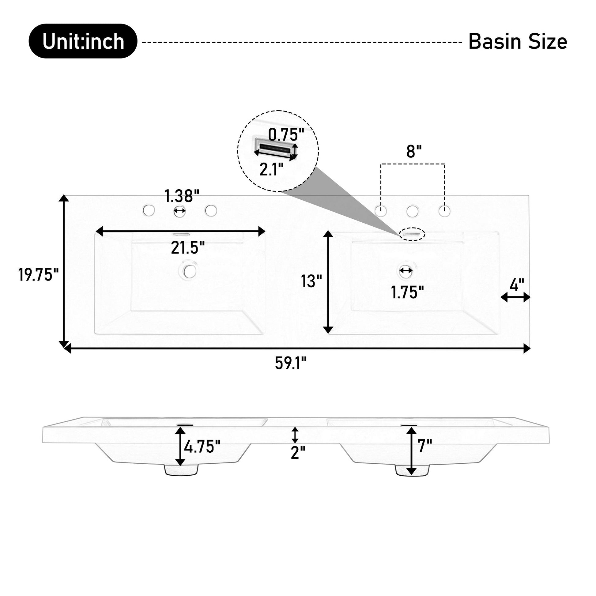 Vanity Top With Undermount Rectangular Double Sinks, Faucet Holes - White Noble House