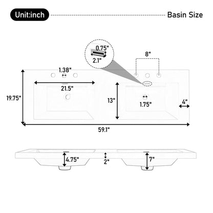 Vanity Top With Undermount Rectangular Double Sinks, Faucet Holes - White Noble House