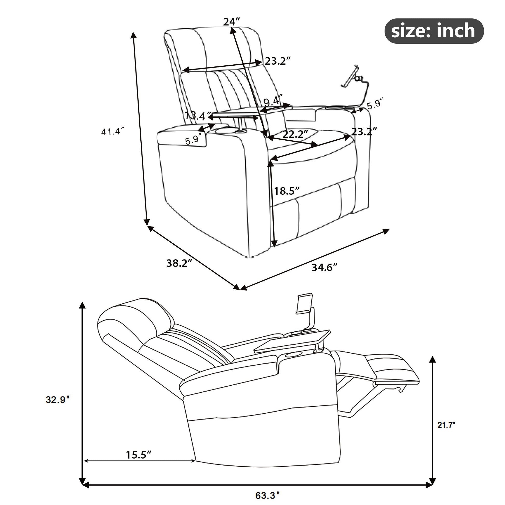 270° Power Swivel Recliner Home Theater Chair With Hidden Arm Storage, LED Light, Cup Holder, And Tray Table Hearth and Haven