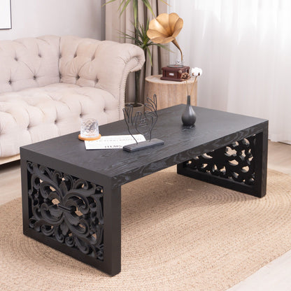 Rustic Carved Wood Coffee Table, Handcrafted Look With Ornate Side Panels Home Essentials