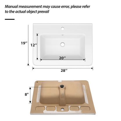 Rectangular Single Vanity Top With 1 Faucet Hole And Overflow, 28 X 19" - White Daily Nest