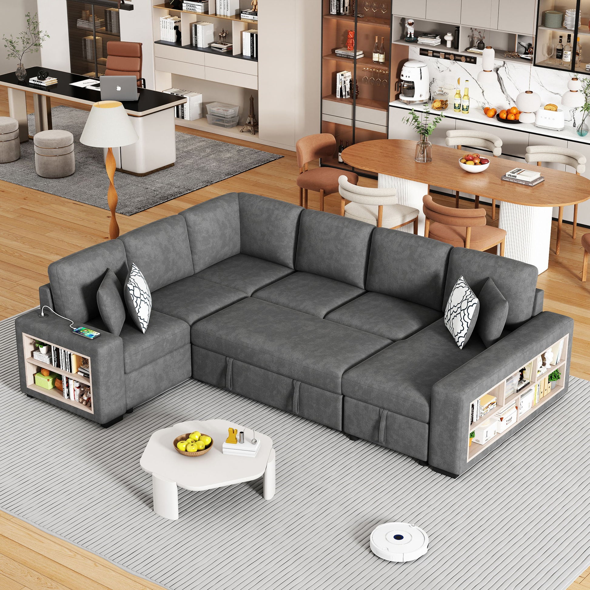 U-Shaped Sectional Sofa Pull-Out Sofa Bed With Two USB Ports, A Storage Chaise Lounge And Four Back Pillows For Living Room Hearth and Haven