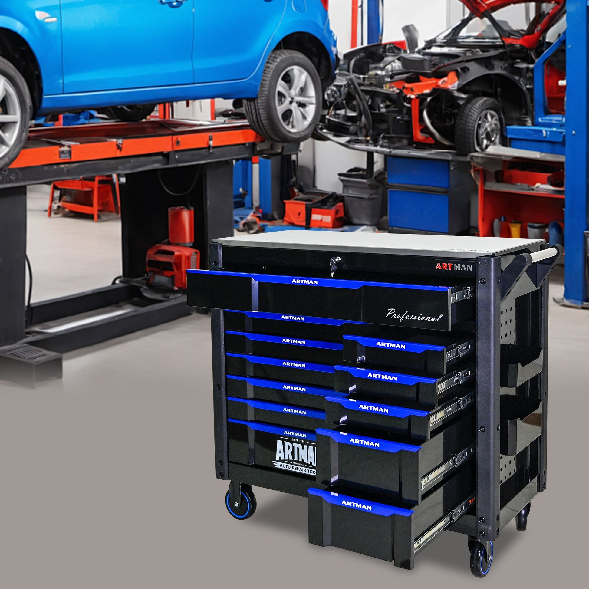 12 Layer Drawer Multi Purpose Tool Cart With Wheels And Iron Top - Black / Blue Daily Nest