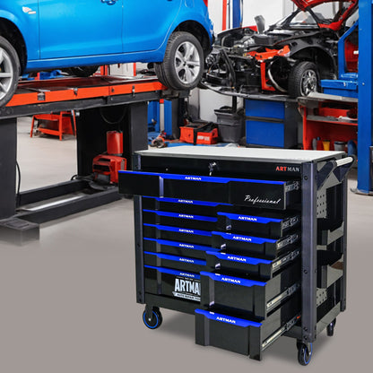 12 Layer Drawer Multi Purpose Tool Cart With Wheels And Iron Top - Black / Blue Daily Nest