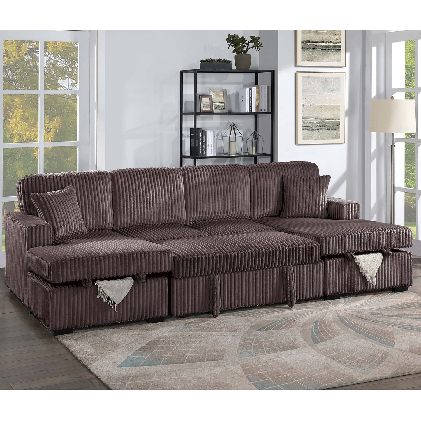 Convertible Sectional, Storage Chaises, Pull Out Middle Section - Chocolate Home Essentials