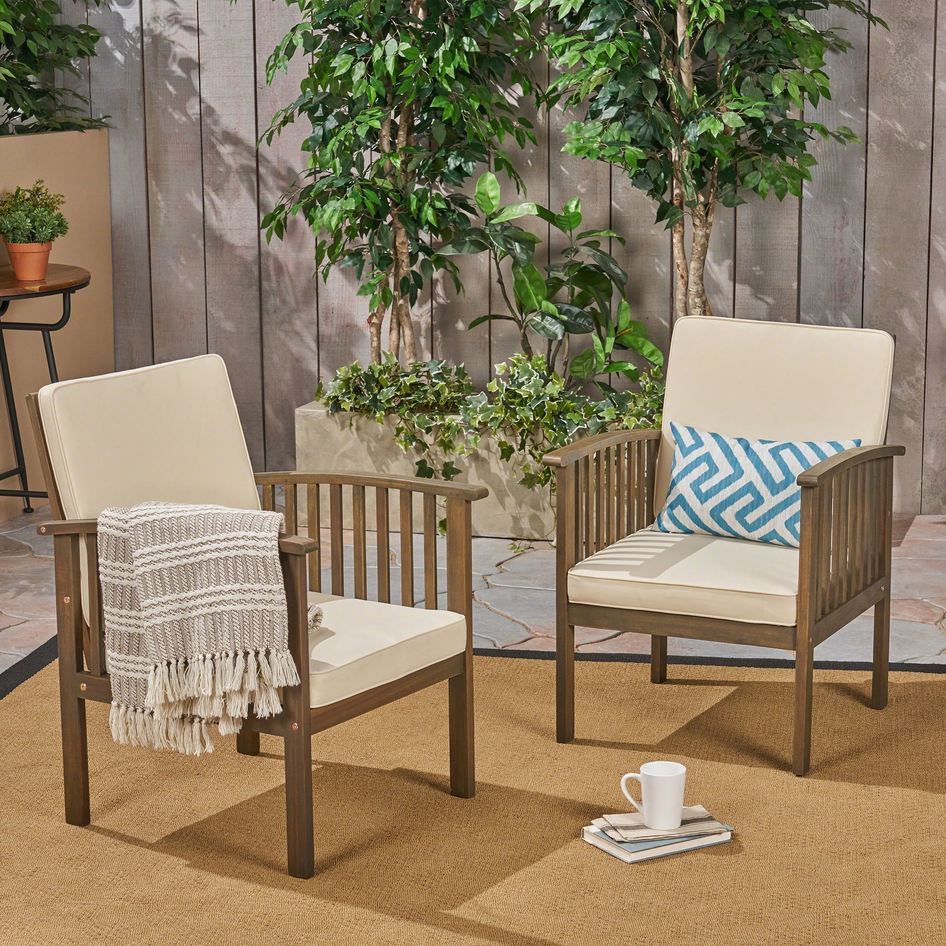 Casa Acacia Wood Club Chairs (Set of 2) With Water Resistant Cushions - Gray / Cream Noble House